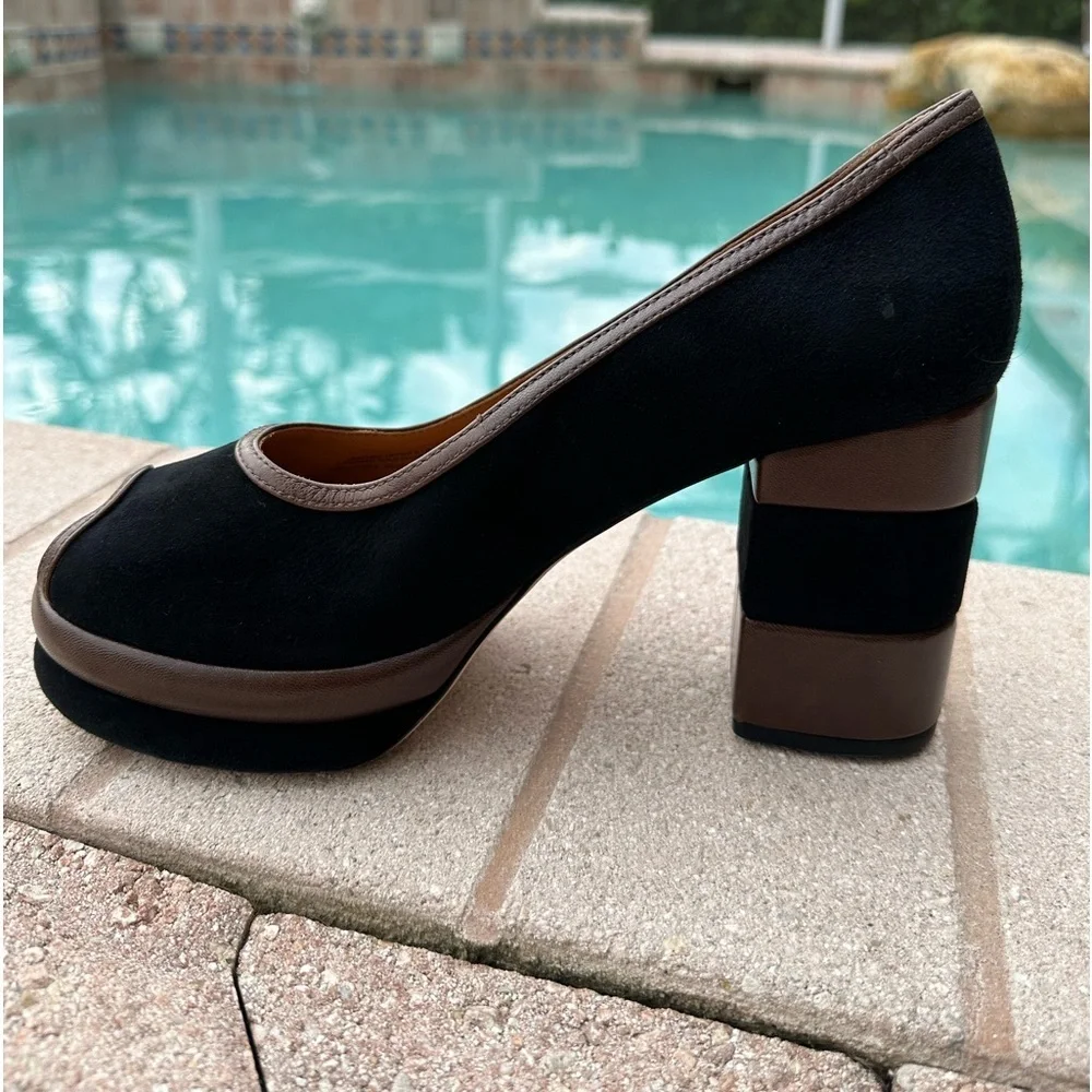 Tory Burch 70s Peep-Toe Leather & Suede Platform Pumps Women’s Size 8.5